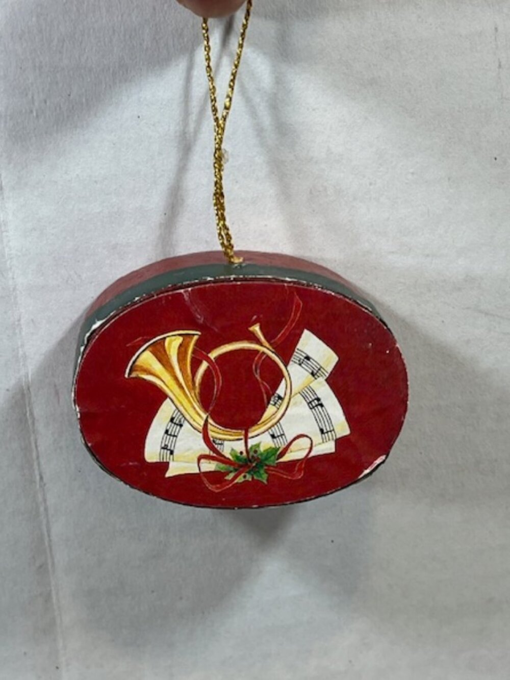 Wooden Oval Holiday Faux Box Ornament w/Graphic Printed French Horn Sheet Music